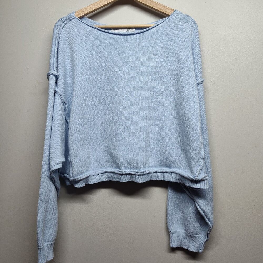 Altar'd State Knit Sweater Women Size XL Baby Blue Cropped Exposed Seams Casual